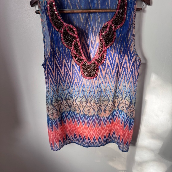 Studio Y Women Tank Size XL Blue Beaded Cut V-Neck Boho Keyhole Back Top Sheer - Picture 14 of 14